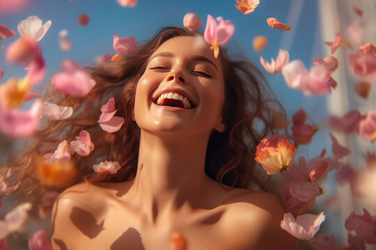 Happy Woman in Flowers. Young Beautiful Girl with Emotionally Flowing Hair, Beaming Smile, and Petals on Plain Background - Spring Bliss and Positive Mood, Joyful Inspiration for the Soul