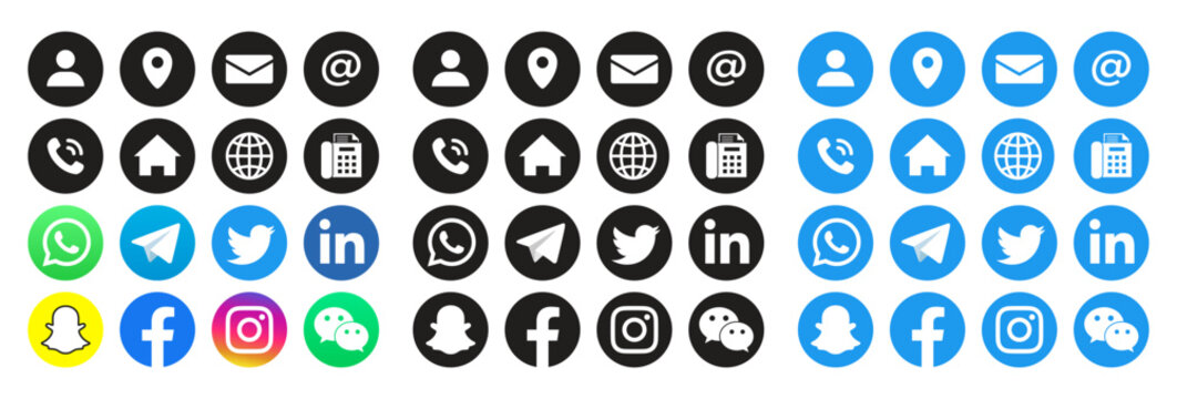 Set of popular social media logo with contact icon. editorial set. Facebook, instagram, twitter, youtube, telegram	
