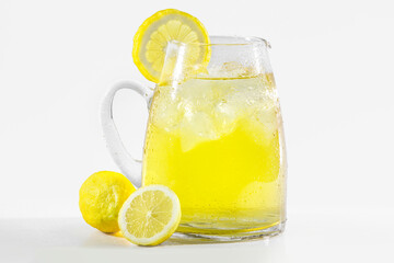 glass of lemonade with lemons in a white background