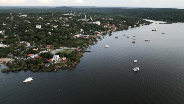 aerial view of Alter do Ch&atilde;o beach town near  Santar&eacute;m, Para state Brazil amazon rainforest drone fly above