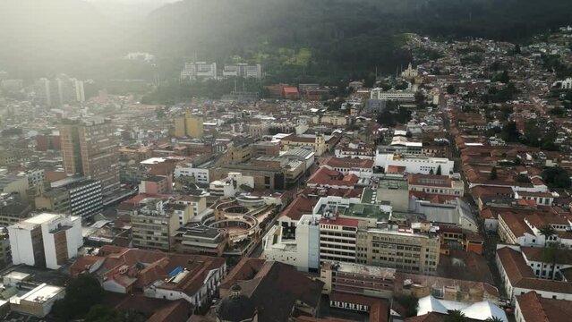 Aerial Cityscape of Bogota Colombia Valley Town Hills Historic Center, Cathedral and Downtown Drone Shot