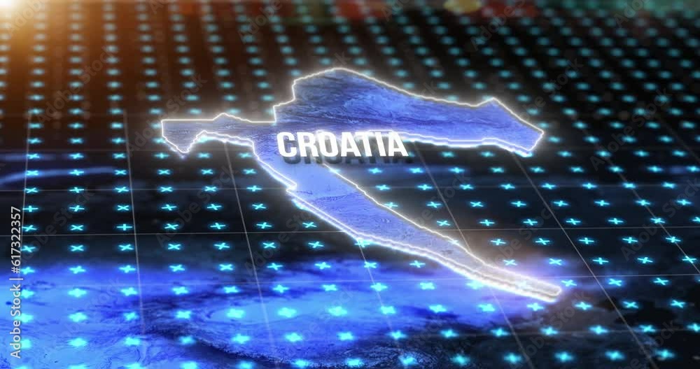 Fototapete Dark digital map, location of Croatia and hologram on blue light hud, pin and 3d rendering. Technology, data and matrix of global position info on radar grid of country coordinate in virtual reality.