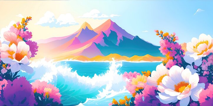Summer colorful landscape. Mountains, natural pond and flowers.