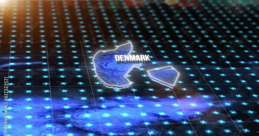 Poster Digital map, country location and hologram of Denmark on blue light, gps pin and 3d rendering. Technology, data and matrix of global position on radar, virtual reality or hud simulation of coordinate