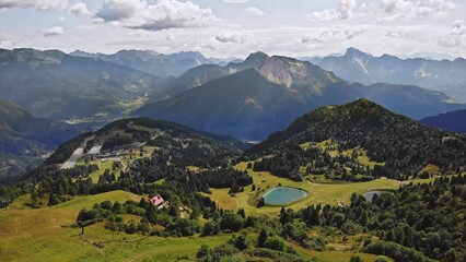 Drone flight in the mountains. Zoncolan, Udine, Friuli Venezia Giulia.