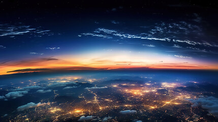 Fototapeta premium Panoramic view on planet Earth globe from space. Glowing city lights, light clouds. Generative AI