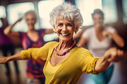AI generated image of mature senior woman dancing