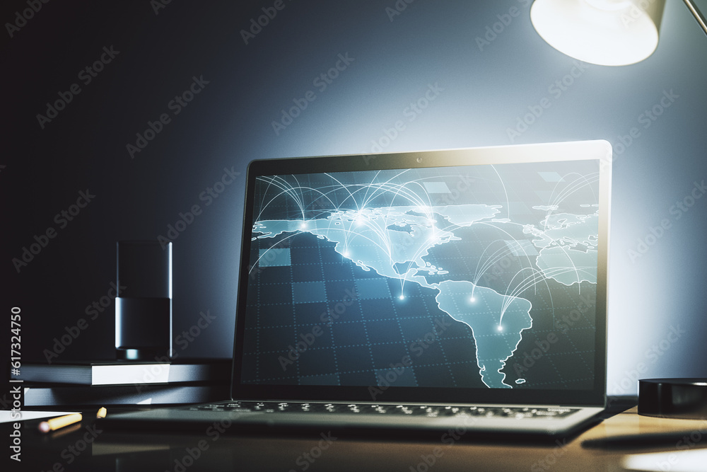 Poster abstract digital world map with connections on modern computer monitor, big data and blockchain conc