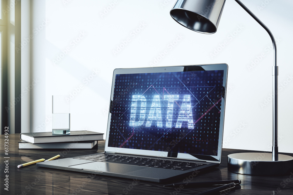 Poster Creative Data word sign on modern laptop screen. 3D Rendering