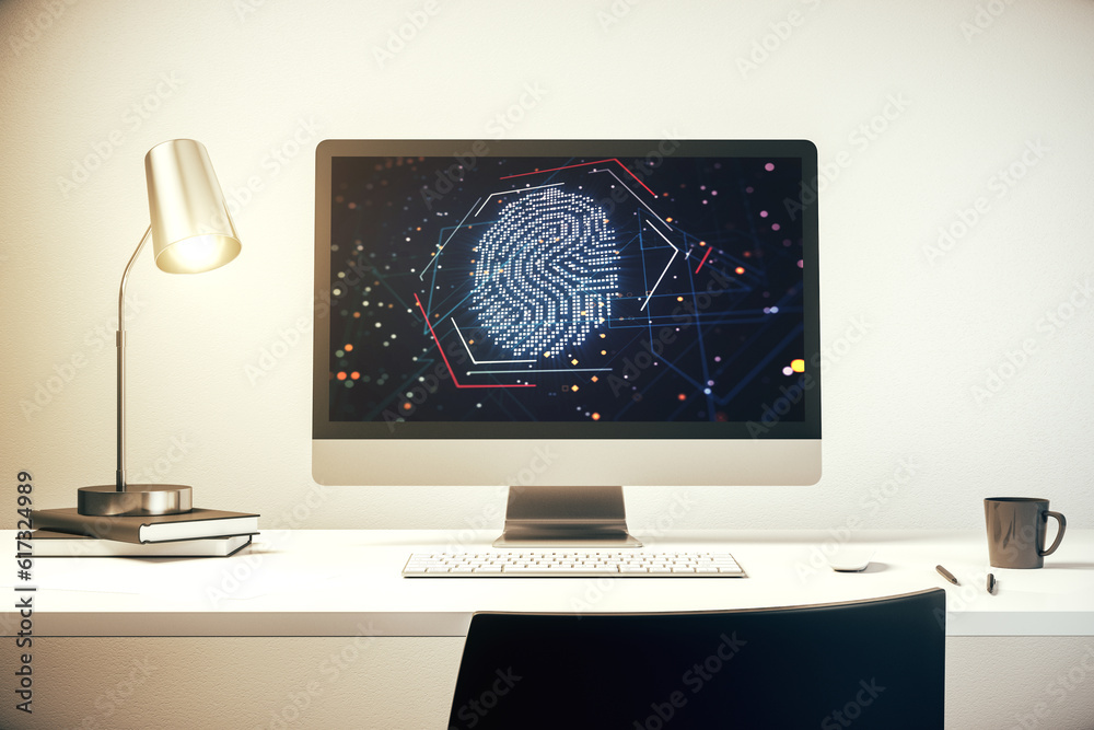 Poster Modern computer display with abstract graphic fingerprint sketch, fingerprint scan data concept. 3D Rendering