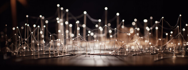 The grid, electrical grid, power grid. An electrical power grid represented by wires and small lamps. hand edited generative AI.
 