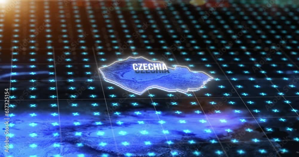 Poster Dark digital map, location of Czechia and hologram on blue light hud, pin and 3d rendering. Technology, data and matrix of global position info on radar grid of country coordinate in virtual reality.