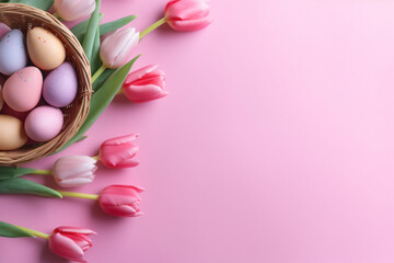 easter eggs and tulips pink background Easter Delights: Capturing the Joy and Beauty of Easter, Stunning Easter Photography: Celebrating the Beauty and Traditions of Easter 