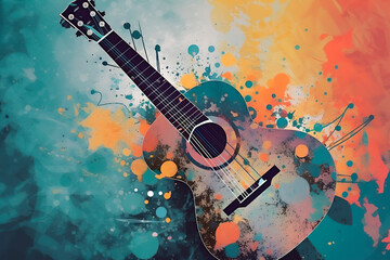 Abstract background illustration of a acoustic guitar with grunge noise and colorful texture. Music industry theme. Generative AI - obrazy, fototapety, plakaty
