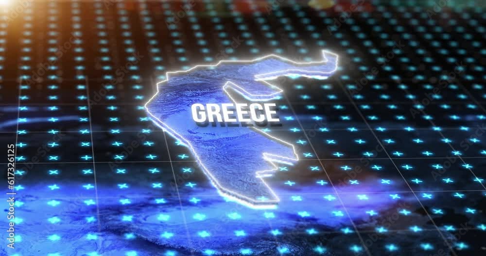Fototapete digital map, country greece and hologram of greece on blue light, pin and 3d rendering. technology, 