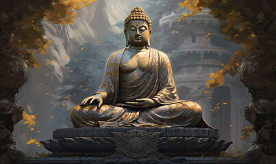 Majestic rich and serene illustration of Buddha, full of zen, Asian religious imagery.