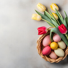Fototapeta na wymiar easter eggs and tulips in basket on white pastel background Easter Delights: Capturing the Joy and Beauty of Easter, Stunning Easter Photography: Celebrating the Beauty and Traditions of Easter 