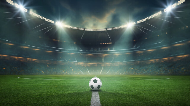 Fototapeta textured soccer game field me soccer ball in the middle - center, midfield