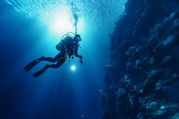 Fototapeta na wymiar Exploring the Deep Blue Scuba Diving and Oceanic Vistas from Below. AI