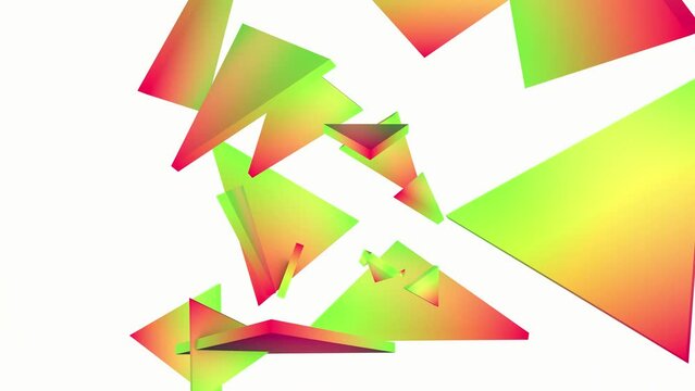 3D animation of a green-red polyhedron. The polyhedron shatters into pieces on a white background, the fragments freeze and the scene spins.