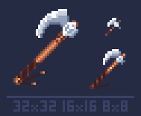 Pixel art viking axe icon for rpg, sandbox games. Resolution 32x32, 16x16, 8x8