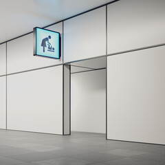 A blue square sign above the entrance to the baby care room. Mom and toddler.