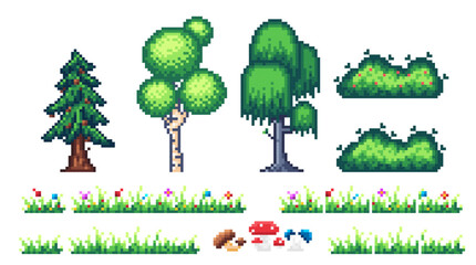 ector isolated pixel art set of vegetation for creating game locations of 2d games. Sprites of trees, grass, mushrooms and bushes. Grass includes a tile set for various combinations and generations.