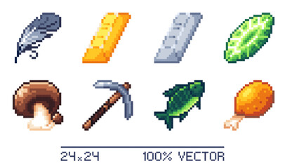 A set of pixel items for RPG, Sandbox, or other games. Isolated icons in 24x24 scale.