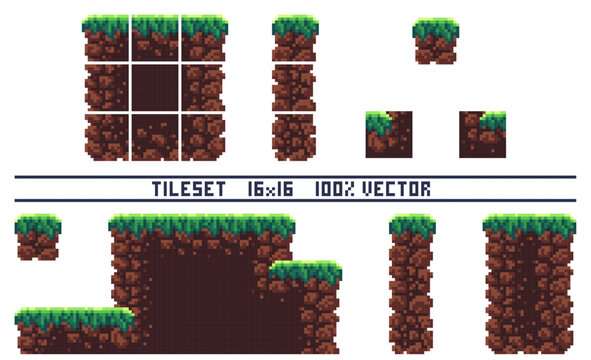 Pixel art tile set for 2d retro game. A set of ground tiles with grass for platformer. Location and landscape constructor. The resolution of the block is 16 x 16 pixels.