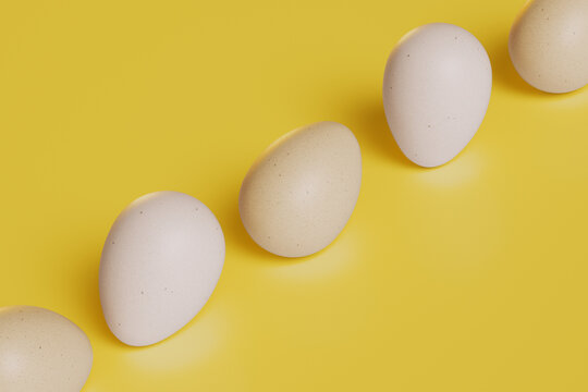 Eggs Rolling On A Yellow Background. Sustainable And Healthy Eating Habits