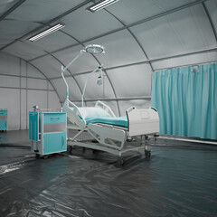 Medical bed at an infectious or military field hospital. Pandemic intensive care