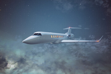 Private white jet flying at a starry sky across the Milky Way. Aeroplane