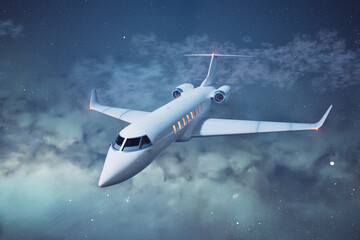 Private white jet flying at a starry sky across the Milky Way. Aeroplane