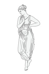 An ancient Greek woman in a tunic standing in a thoughtful pose. Female figure isolated on white background