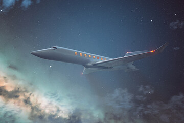 Private white jet flying against starry sky across the Milky Way. Aeroplane