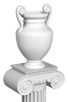 A white ancient Greek vase without a pattern stands on a pedestal half turned. Objects isolated on white background. 3d render.