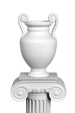 A white ancient Greek vase without a pattern stands on a pedestal. Objects isolated on white background. 3d render.
