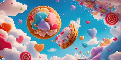 Fototapeta na wymiar Fantastic colorful bright castles and flying cookies.