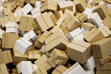 Huge pile cardboard delivery boxes. Stack of brown carton boxes. Parcels.