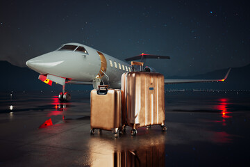 Golden suitcases standing on an airstrip in front of a private jet during night