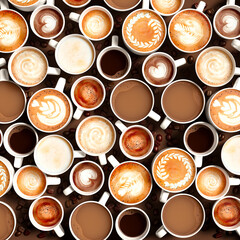 Top view on delicious hot beverages in cups. Different coffee drink types.