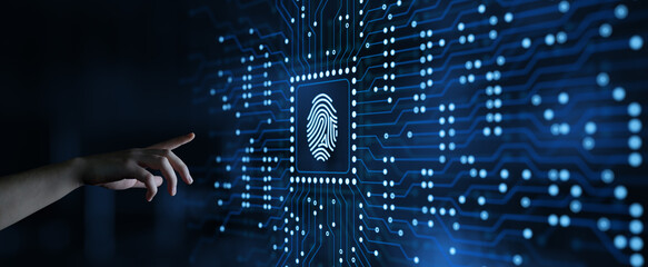 Fingerprint Scanning. A hand presses on a hologram with a circuit board and and icon of a human fingerprint