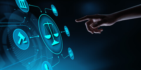Law, legal advice, labor rights concept. The hand presses a button on the HUD with the icon of the...