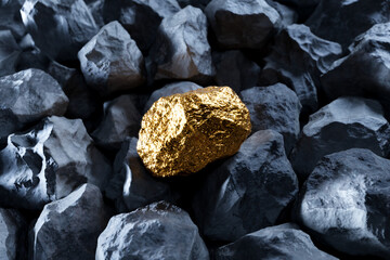 Pure shiny gold piece among rocks. Golden nugget. Gold ore. Precious treasure.