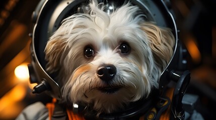 portrait of cute puppy in space suit