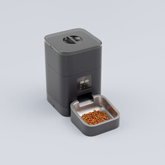 Automatic smart pet feeder precisely dispenses dry kibble food for dog or cat.