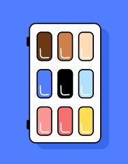 Palette with paints sticker concept. Art and creativity. Equipment for workshop, artist and painter. Poster or banner for website. Cartoon flat vector illustration isolated on blue background