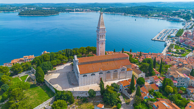 Aerial view of St. Euphemia church in old town Rovinj, Istria, Croatia.