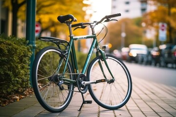 Fototapeta na wymiar City Bike Scene Bicycle Parked Against Urban Bike Rack. Generative AI