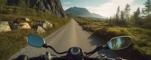 Driver is riding motorcycle on road in mountain nature, generative ai